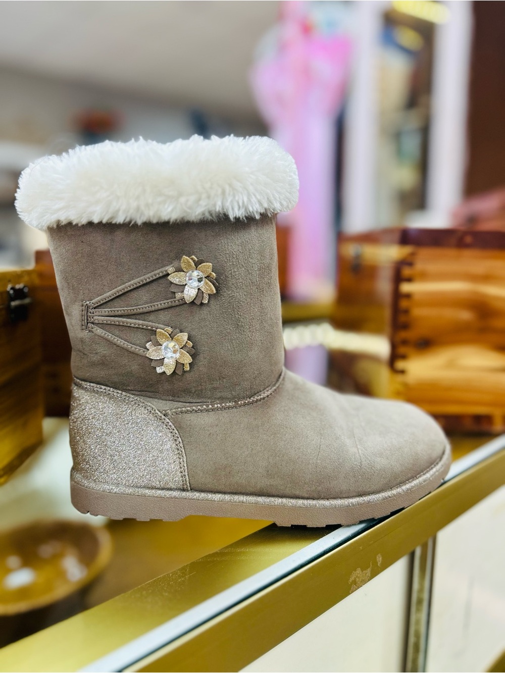 Cozy Taupe Faux-Fur Lined Winter Boot with Floral Accent